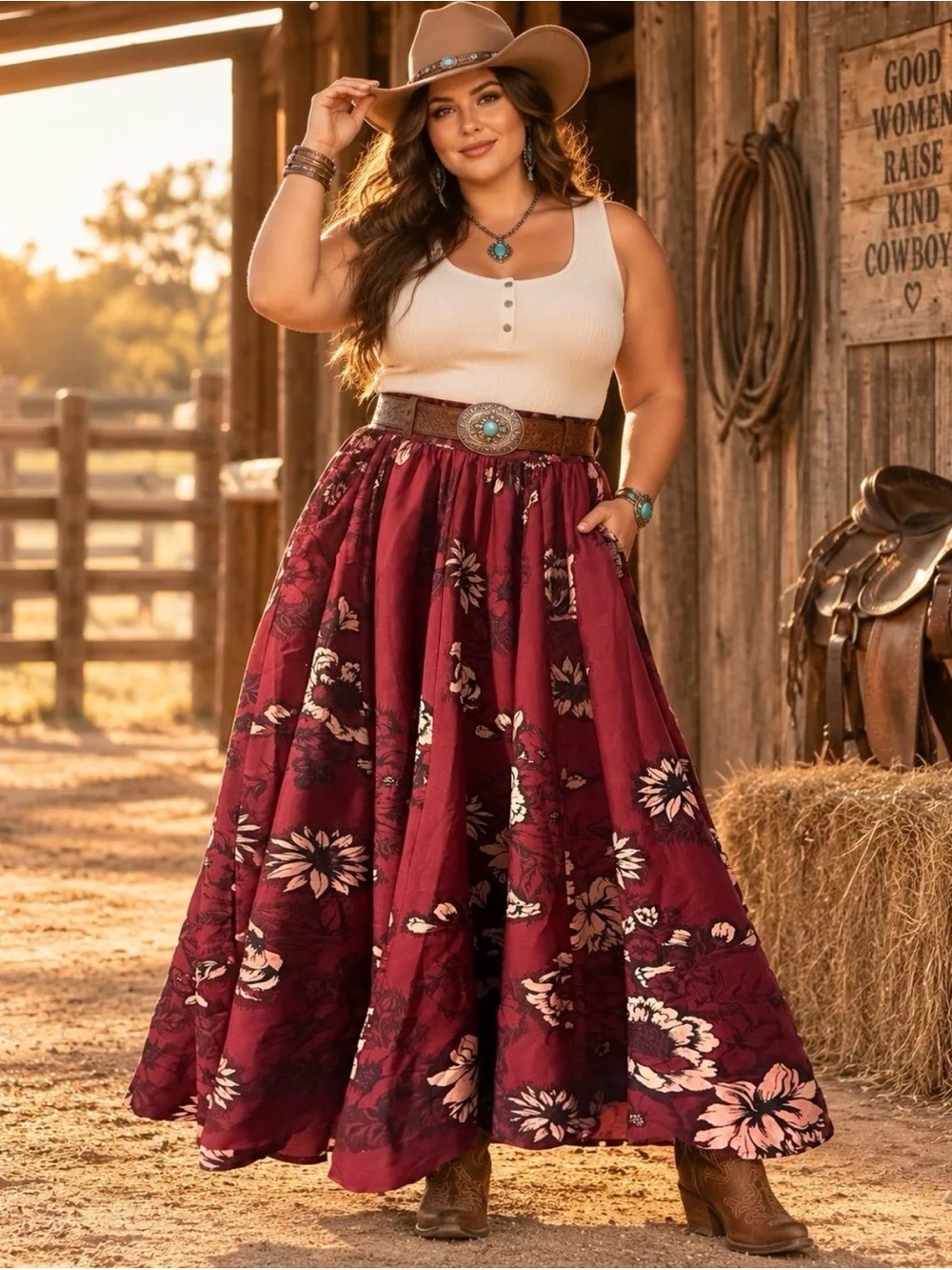 Cato Burgundy Floral Maxi Skirt Large Western Boho Cottagecore